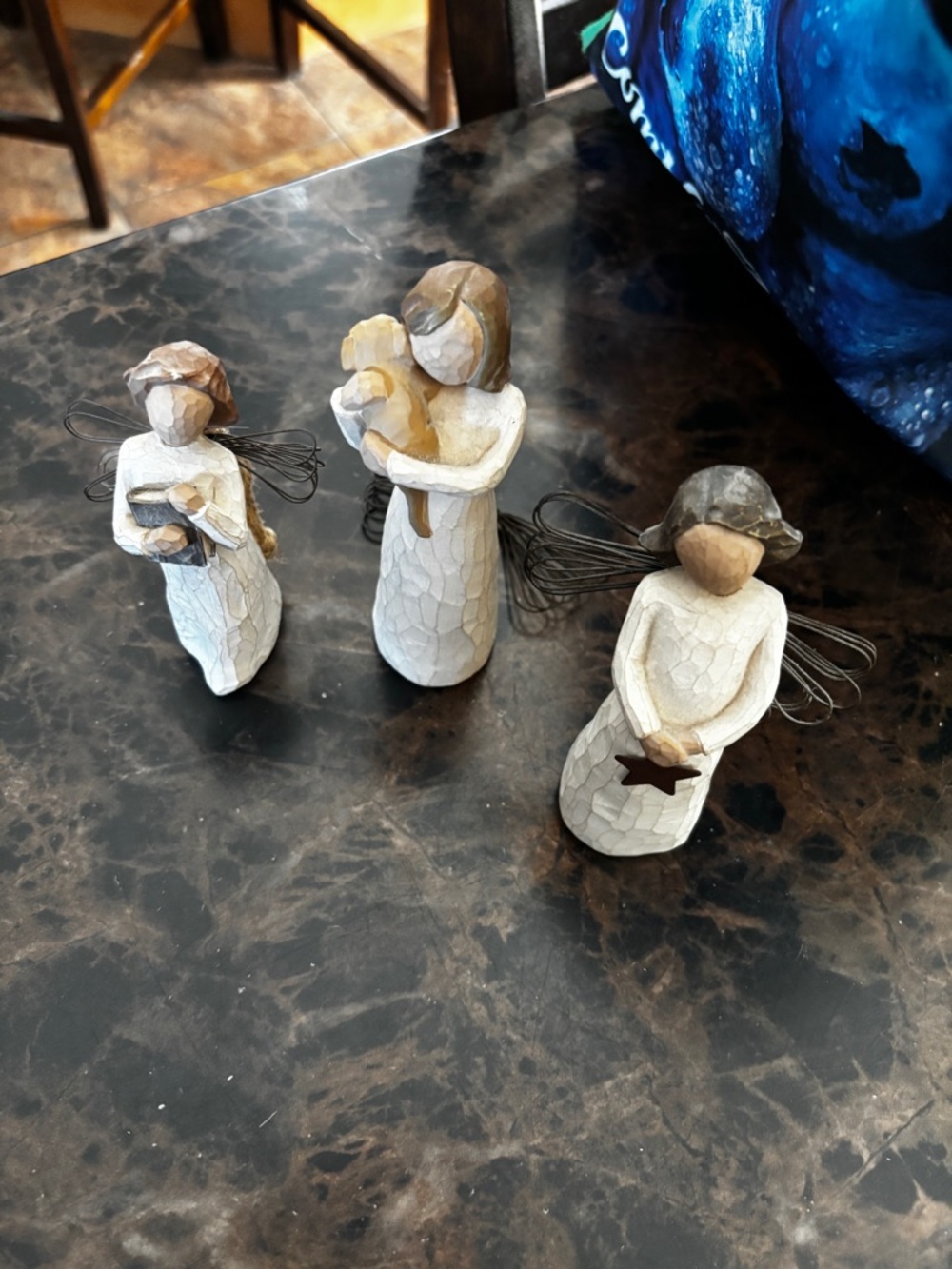 Set of Three Willow Tree Carved Angel Figurines in White and Brown